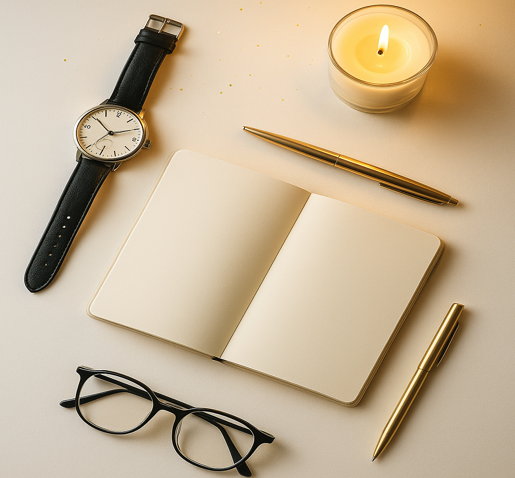 Kit espiritual minimal: caderno, relógio 3 marcas, vela, óculos em luz dourada