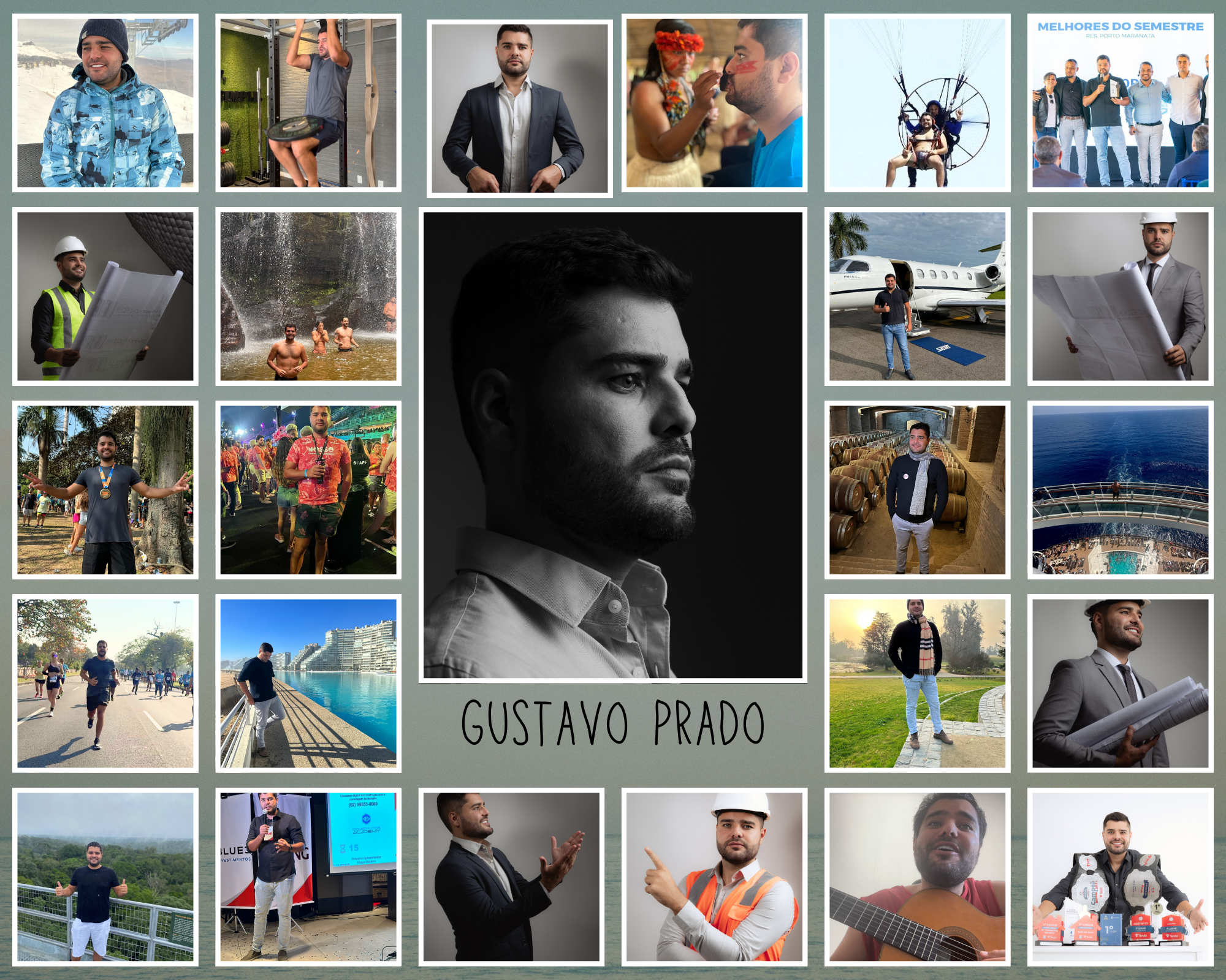 Mosaico de fotos de Gustavo Prado: engenheiro, empresário, atleta, viagens e vida real